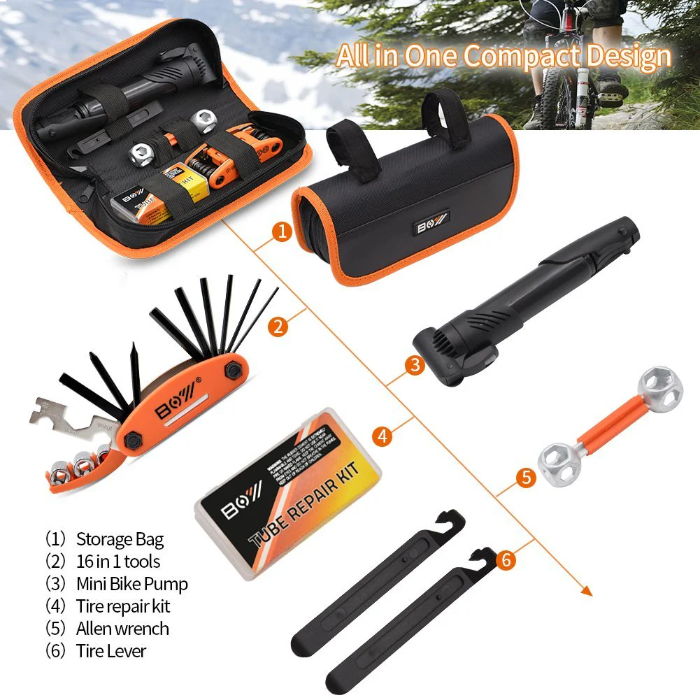 AQQEF Bike Repair Kit, Bicycle Repair Kits Bag With Portable Bike Pump  16-In-1 Bike Multi Tool Kit Sets - Image 3