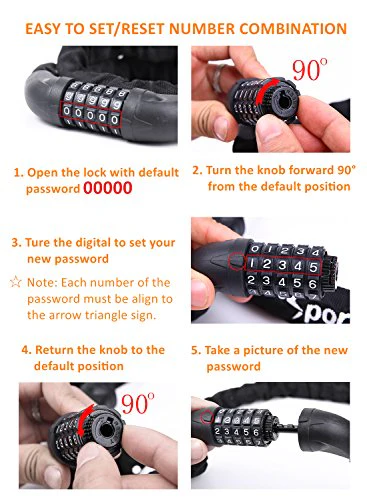 Bicycle Chain Lock, Sportneer 5-Digit Resettable Combination Anti-theft Bike Locks - Image 7