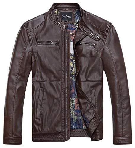 Chouyatou Men's Vintage Stand Collar Pu Leather Jacket - Image 14
