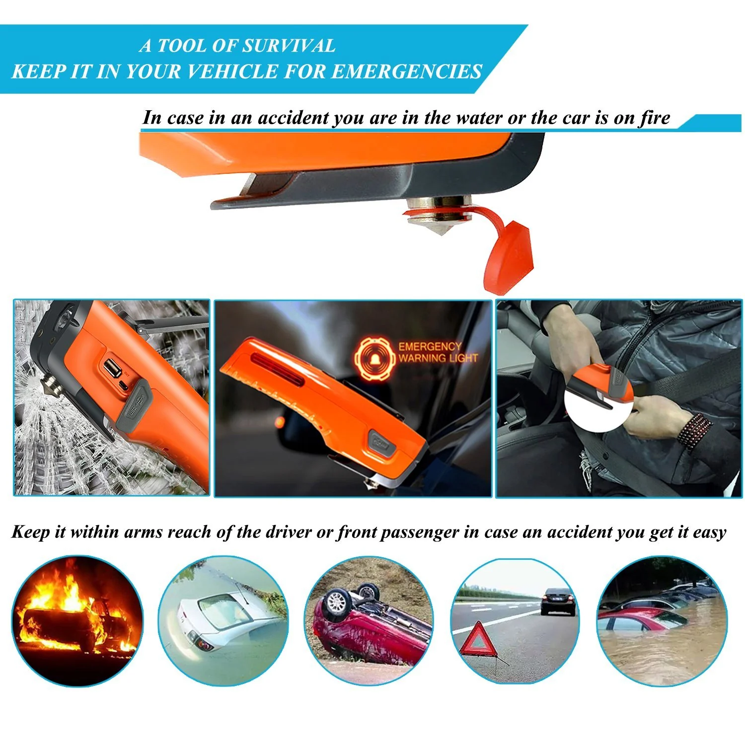 Emergency Tool Kit with LED Flashlight & USB Charger 7-in-1 Rescue Tool Vehicle Emergency Escape Tool with Window Breaker & Seat Belt Cutter Car Safety Hammer for Roadside / Automotive Emergency Kit - Image 5
