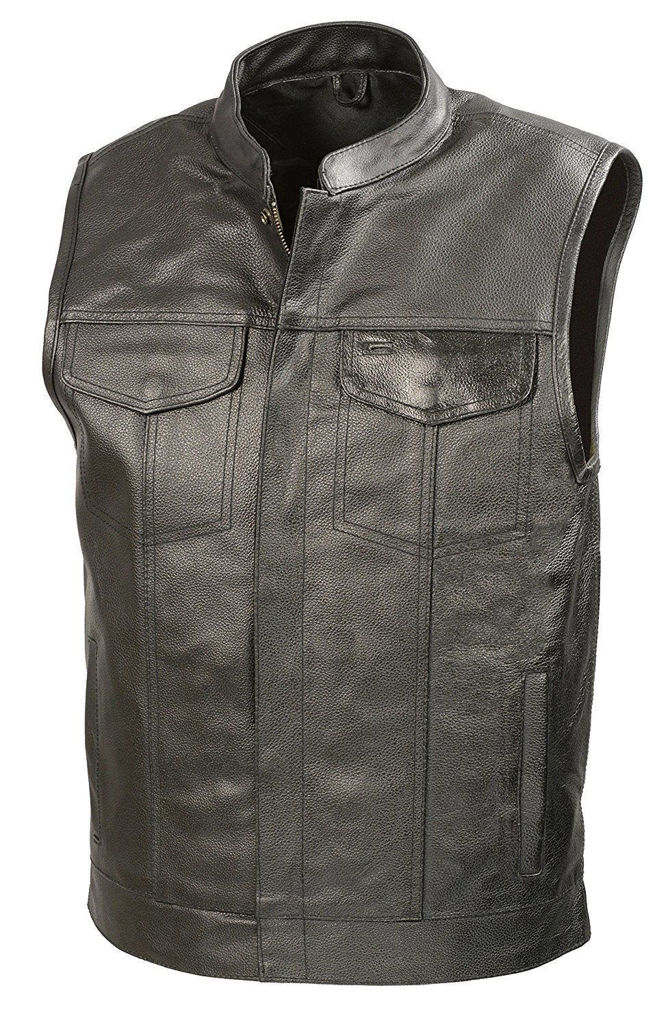 Mens Leather Club Style Vest W/ Concealed Gun Pockets, Cowhide Leather Biker Vest, Single Panel Back (Black, L)