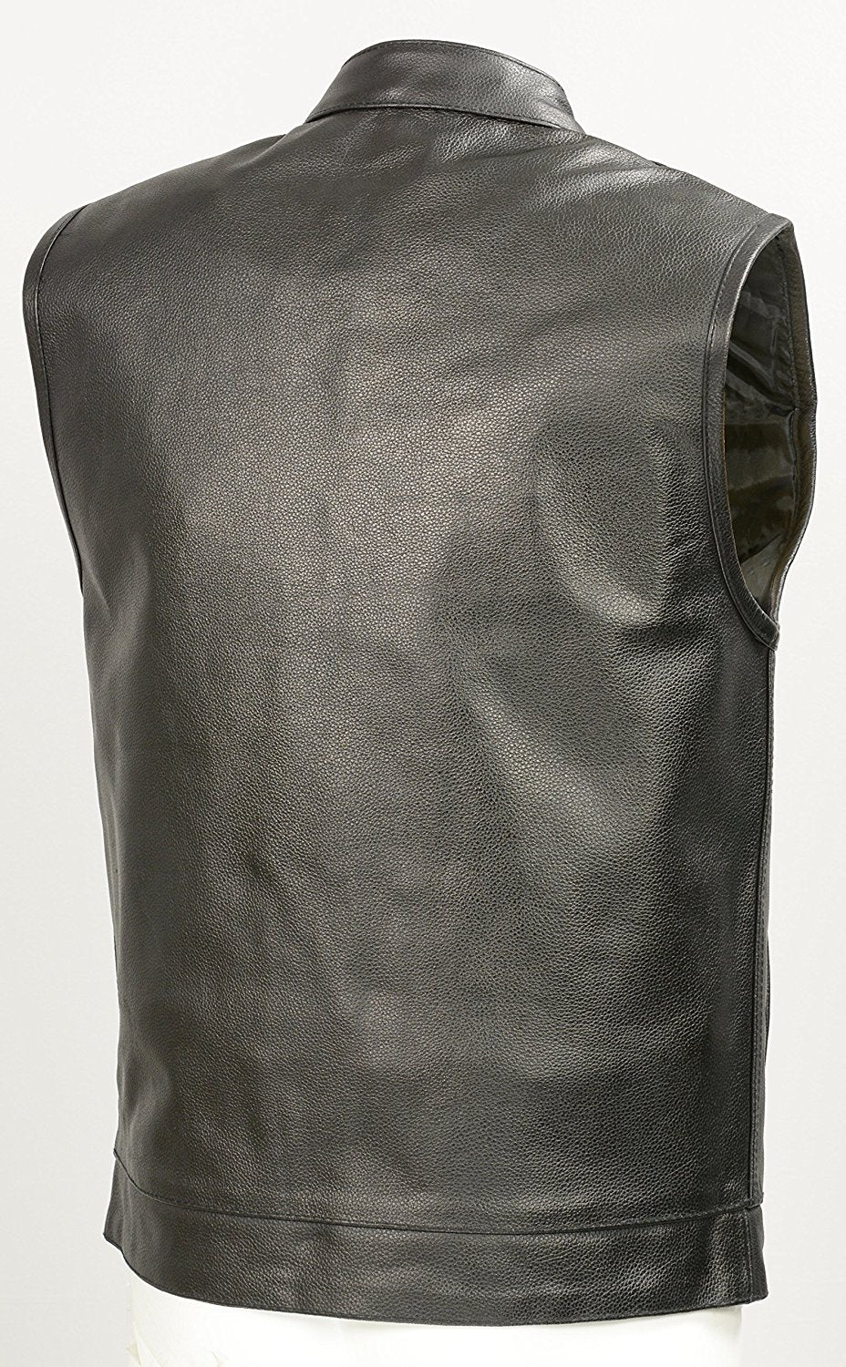 Mens Leather Club Style Vest W/ Concealed Gun Pockets, Cowhide Leather Biker Vest, Single Panel Back (Black, L) - Image 2