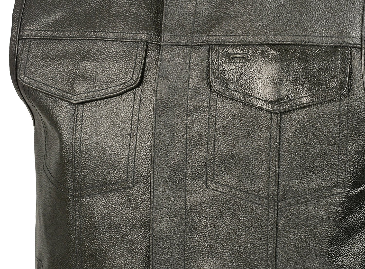 Mens Leather Club Style Vest W/ Concealed Gun Pockets, Cowhide Leather Biker Vest, Single Panel Back (Black, L) - Image 3