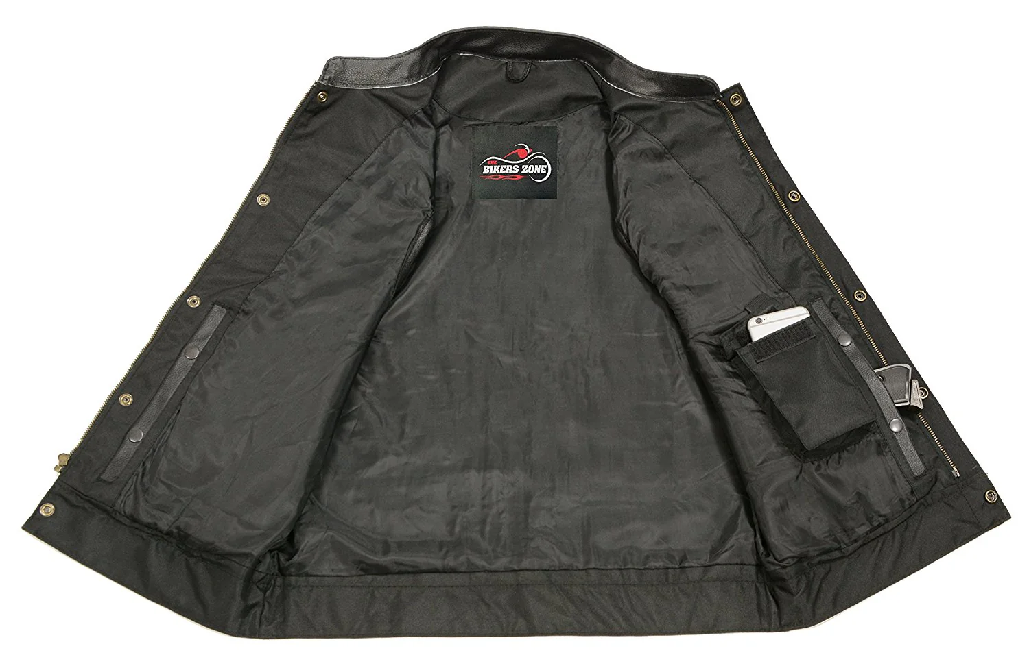 Mens Leather Club Style Vest W/ Concealed Gun Pockets, Cowhide Leather Biker Vest, Single Panel Back (Black, L) - Image 4