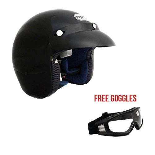 Motorcycle 3/4 Open Face Helmet Snap On Visor Street Cafe Racer D O T - Glossy Black (Large) with Goggles