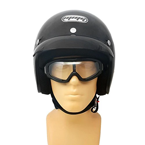 Motorcycle 3/4 Open Face Helmet Snap On Visor Street Cafe Racer D O T - Glossy Black (Large) with Goggles - Image 2