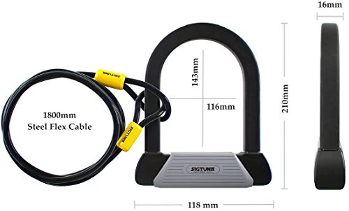 SIGTUNA Bike lock - 16mm Heavy Duty Bicycle Lock with U Lock Shackle + 1800mm braided Flex Cable Lock - Image 3