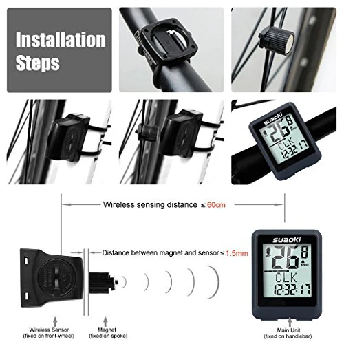 Suaoki Wireless Bike Computer Bicycle Speedometer Bike Odometer with LCD Backlight, 5 Language Displays, Auto Power On/Off Systems, Multi Function for Cycling - Image 4